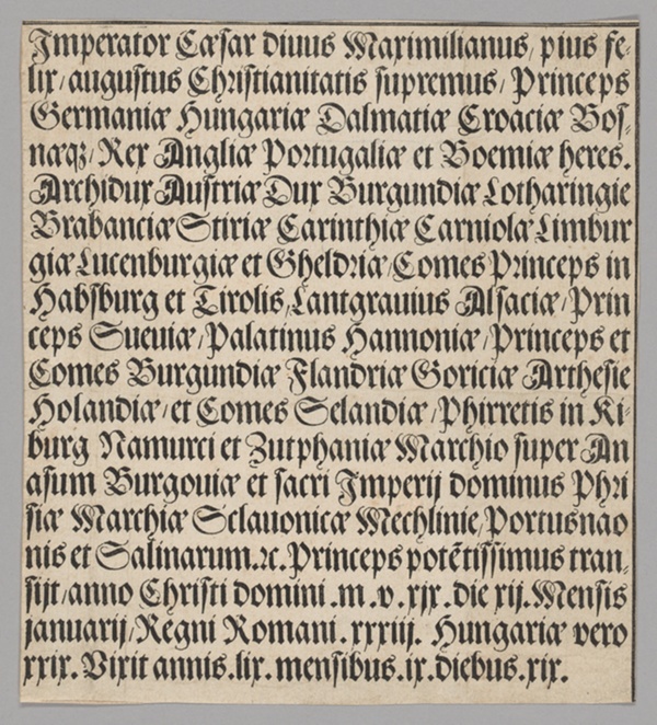 Titles of Emperor Maximilian, from Historical Scenes from the Life of Emperor Maximilian I from the Triumphal Arch