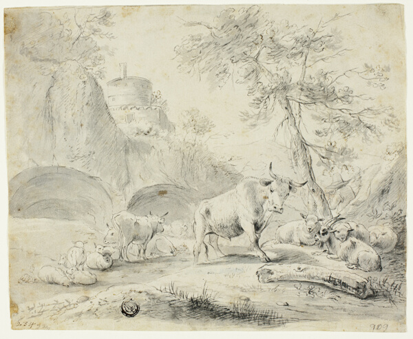 Landscape with Herdsman and Sheep, Goat, Cattle