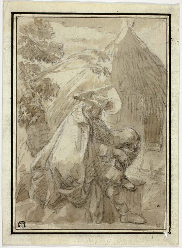 Seated Man in Mantle by Thatched Hut