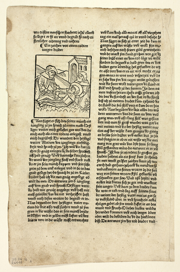 A Token from a Dead Young Brother (recto) and Father Mucius in His Cell (verso) from Altvaeterleben (Life of the Patriarchs), Plate 6 from Woodcuts from Books of the 15th Century