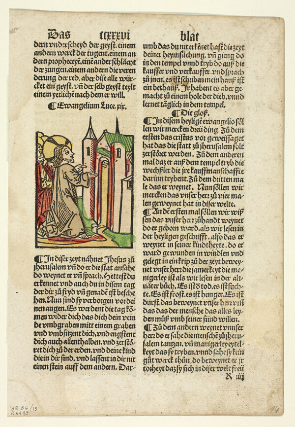 Jesus Foretelling the Destruction of Jerusalem from Spiegel menschlicher Behältnis (The Mirror of Human Salvation), Plate 13 from Woodcuts from Books of the 15th Century