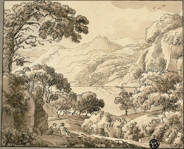 Mountain Lake with Two Figures