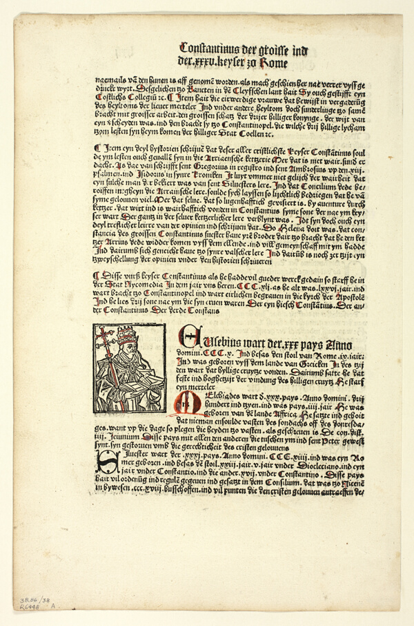 Pope Miltiades (recto) and Saint Gereon's Basilica (verso) from Koelner Chronik (Cologne Chronicle), Plate 38 from Woodcuts from Books of the 15th Century