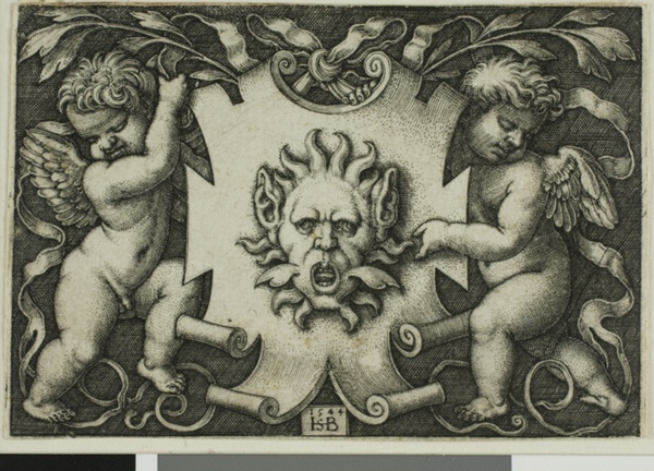 Ornament with a Mask Held by Two Genii