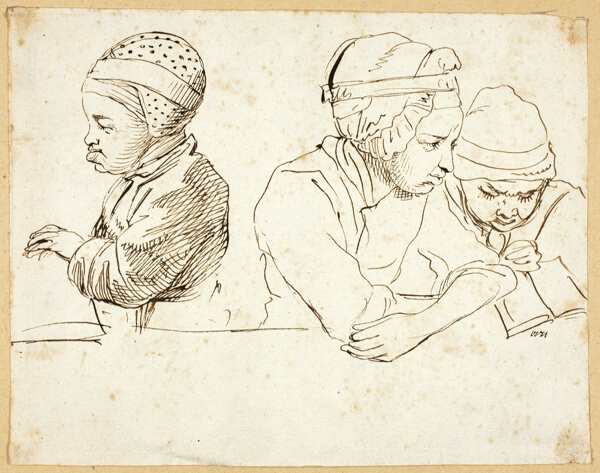 Three Children (recto); Sketches of Head, Eyes, Lips, and Flowers (verso)
