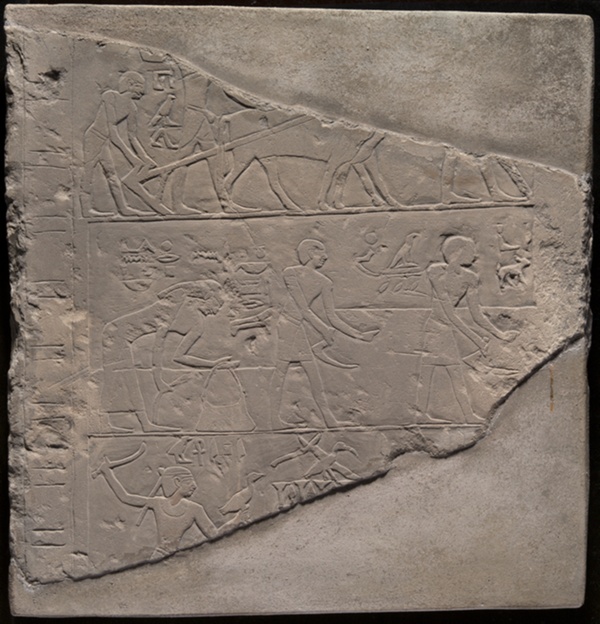 Fragment of a Stela Depicting Plowing, Harvesting, and Fowling