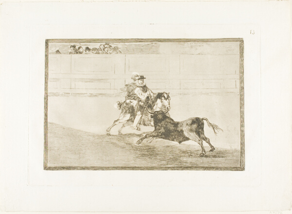 A Spanish mounted knight in the ring breaking short spears without the help of assistants, plate 13 from The Art of Bullfighting