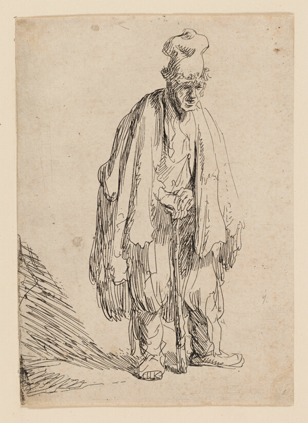Beggar in a High Cap, Standing and Leaning on a Stick