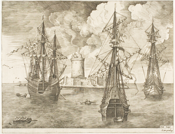 Four-Master and Two Three-Masters Anchored near a Fortified Island with a Lighthouse, from The Sailing Vessels