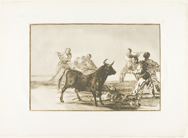 The rabble hamstring the bull with lances, sickles, banderillas and other arms, plate twelve from The Art of Bullfighting