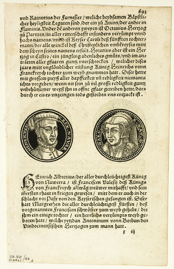 Medallion Portraits of Henry and Margaret of Navarre (recto) and Portraits of Barbarossa and of Muleasem of Tunis (verso) from Bildtnussen der Rhömischen Keyseren, plate 44 from Woodcuts from Books of the XVI Century