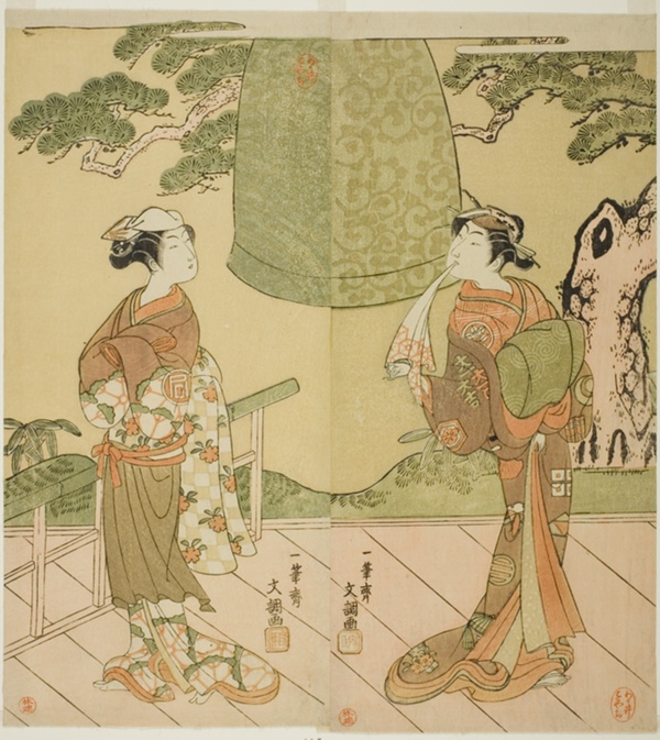 The Actors Ichimura Uzaemon IX as Shume no Hangan Morihisa (right), and Sanogawa Ichimatsu II as Chujo (left), in the Play Edo no Hana Wakayagi Soga, Performed at the Ichimura Theater in the Second Month, 1769