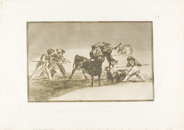The Moors use donkeys as a barrier to defend themselves against the bull whose horns have been tipped with balls, plate 17 from The Art of Bullfighting