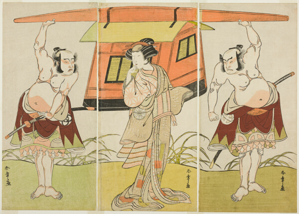 The Actors Otani Hiroji III as Yokambei (right), Nakamura Tomijuro I as Kuzunoha (center), and Bando Mitsugoro I as Yakambei (left), in the Last Scene from the Play Shinodazuma (The Wife from Shinoda Forest), Performed as a Supplement to the Play Kikyo-zome Onna Urakata (Female Diviner in Deep Violet), at the Morita Theater from the Ninth Day of the Ninth Month, 1776