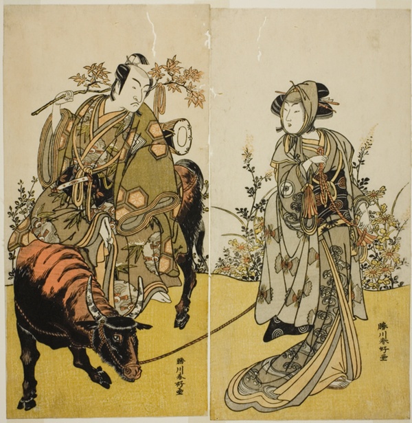 The Actors Iwai Hanshiro IV as Okume (right), and Ichikawa Monnosuke II as Koshiba Yukienojo Disguised as the Eboshi Seller Rokusaburo (left), in the Play Katakiuchi Adana Kashiku, Performed at the Nakamura Theater in the Seventh Month, 1779
