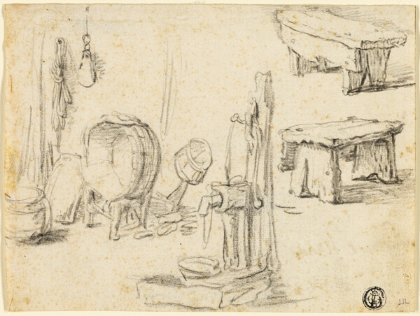 Sketches of Pump, Washtub, Benches