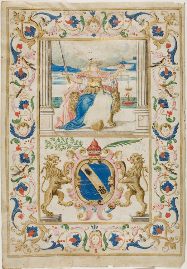 Figure of Justice and Shield with Lions Rampant