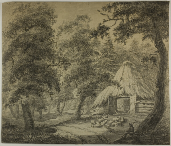 Thatched Hut in Woods with Shepherd and Sheep