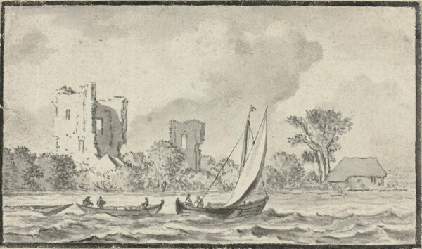 Three Boats on a River with Ruins Along the Shore