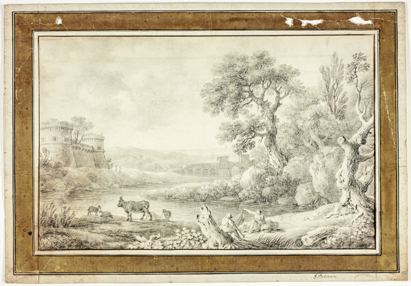 Couple, Bull and Sheep by River with Castles in Background