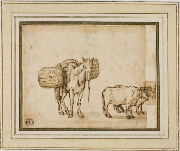 Two Sketches: Mule Carrying Baskets, Pair of Yoked Oxen