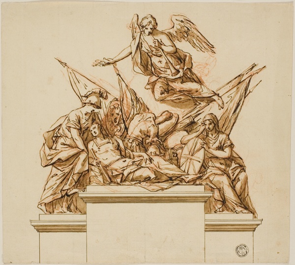 Warrior Accompanied by Britannia, Minerva, and Fame (recto); Design for the Monument to Nicholas Rowe (verso)
