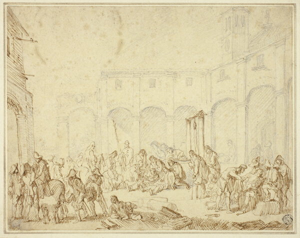 Wounded Soldiers in a Courtyard on Town Square
