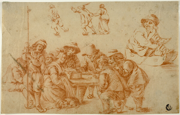 Sketches of Peasants Playing Dice and Skating; Sketch of Boy on Sled