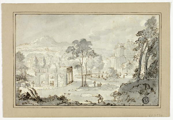 Hunter with Dog, Other Figures in Landscape with Villa, Canal, Pyramid