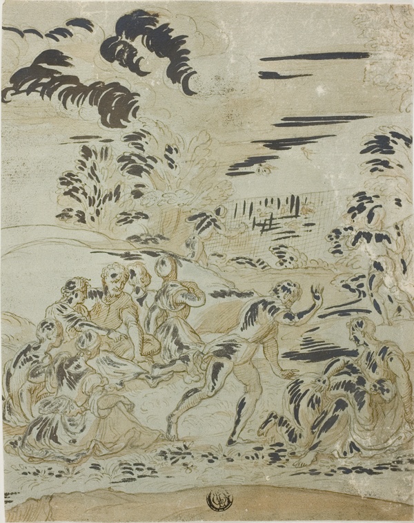 Pastoral Scene: Men Hunting Birds, Couples Seated on Ground
