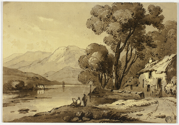 Mountainous Landscape with Artist Sketching in Foreground