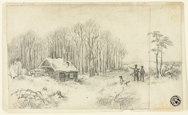 Woodland Hut, with Hunters Approaching