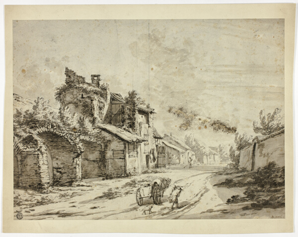 Horse, Cart and Peasants on Road by Old Houses
