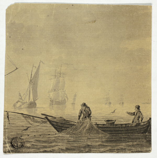 Fishermen Pulling in Net on a Boat