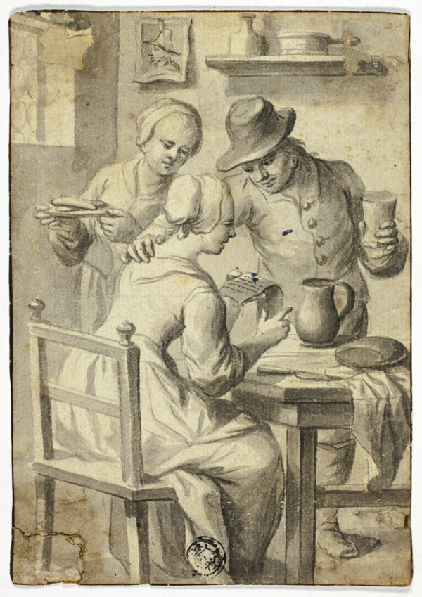 Woman Reading at Table While Man and Woman Listen In
