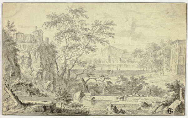 Italianate Landscape with Shepherd and Flock by Stream, Town in the Distance