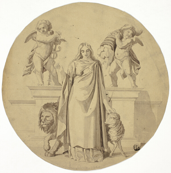 Allegorical Female Figure with Lion, Lamb, Two Putti