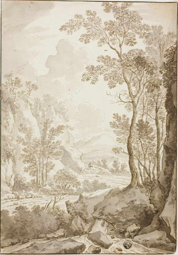 Landscape of Road through Trees and Hills; Figure on Donkey in Distance