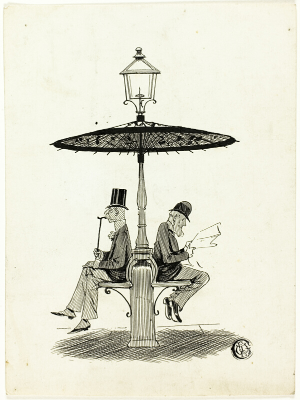 Two Gentlemen Seated Under Lamp Post with Japanese Umbrella