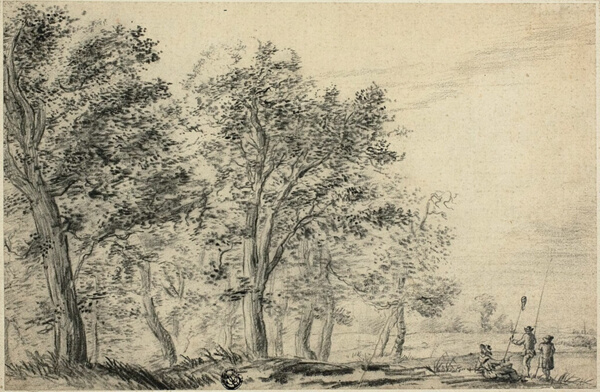 Wooded River Landscape with Three People Fishing