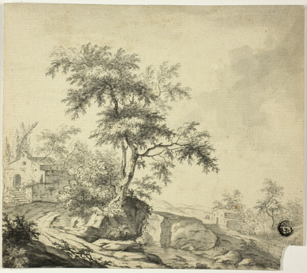 Landscape with Tree on Road to Buildings