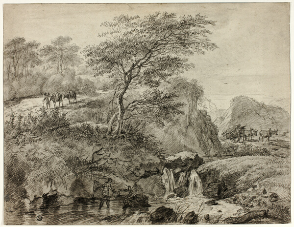Hilly Landscape with Figures Beside Waterfall