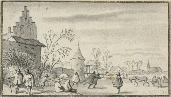 Skaters on Pond Outside Town