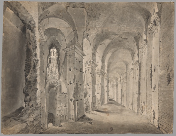 Large Ruined Portico or Corridor (recto); Sketches of a Draped Figure and Architecture (verso)