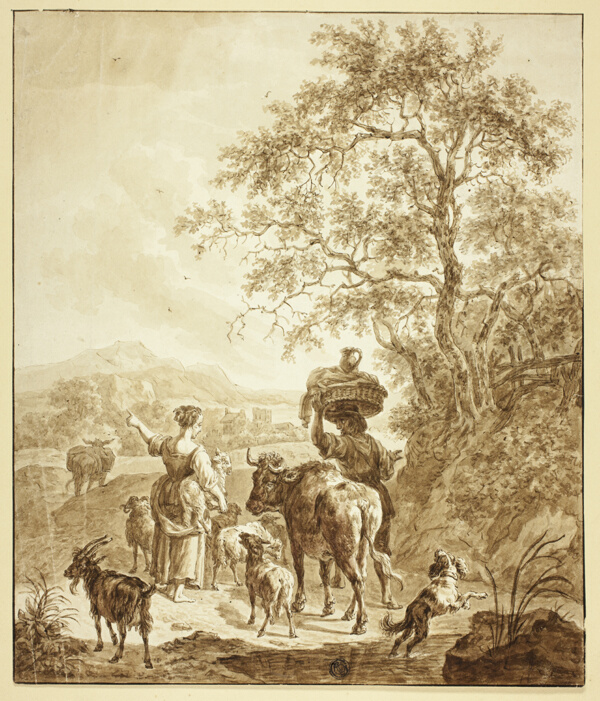 Shepherdess and Peasant with Flock in Italianate Landscape