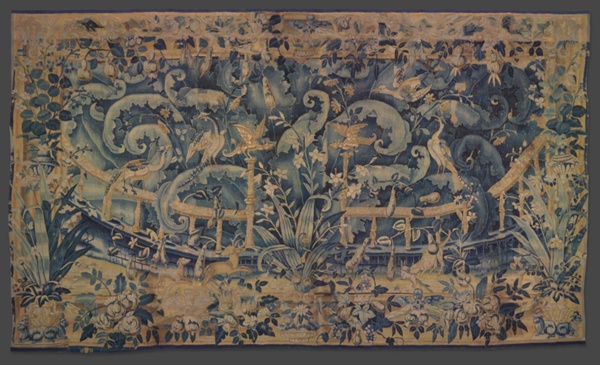 Large Leaf Verdure with Balustrade, Animals, and Birds