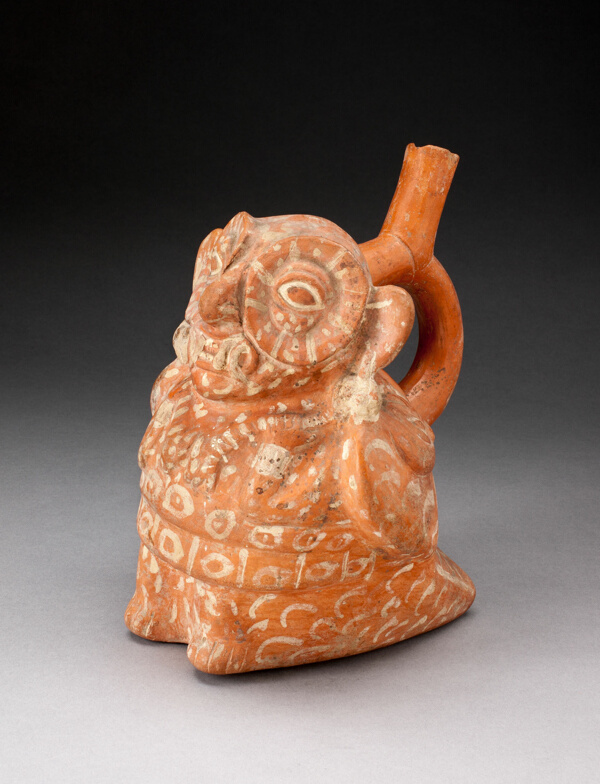 Handle Spout Vessel in the Form of an Anthropomorphic Owl with Feline Fangs, Holding a Serpent
