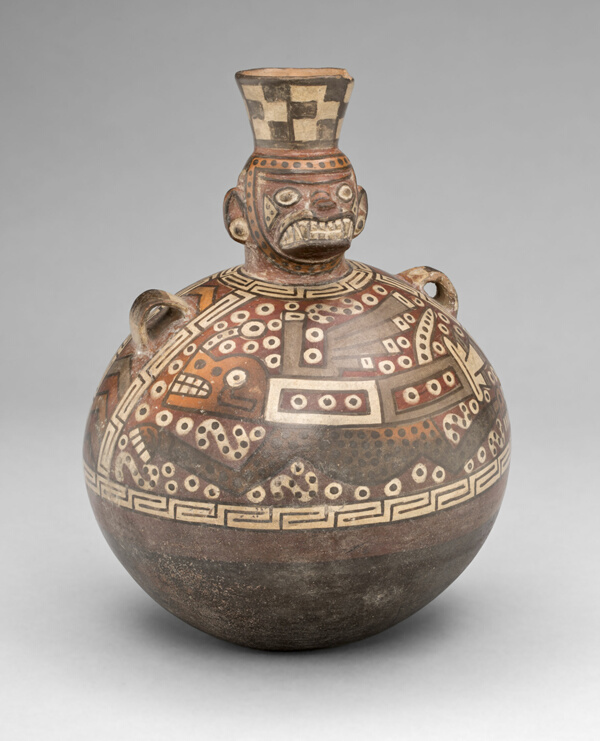 Bottle with a Masked Figure and Abstract Feline and Textile Motifs