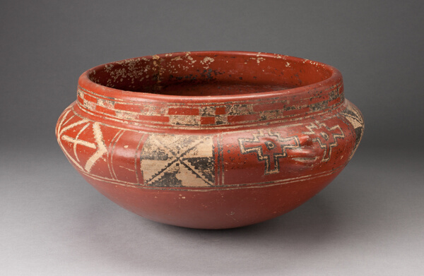 Polychrome Bowl with Geometric Designs and Face in Relief on Shoulder