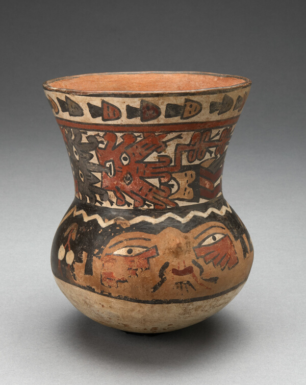 Beaker Depicting Human Head and Abstract Costumed Figures